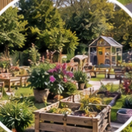 Artist's impression of raised planters and a greenhouse in the garden