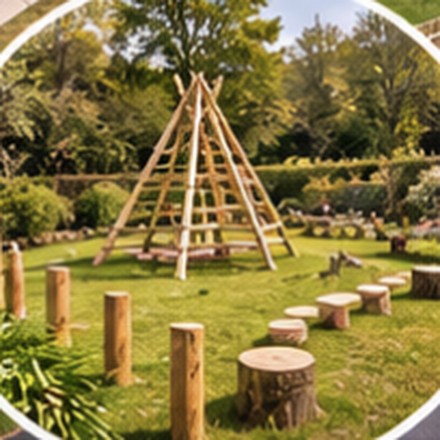 Artist's impression of a wooden climbing frame and stepping logs in the garden