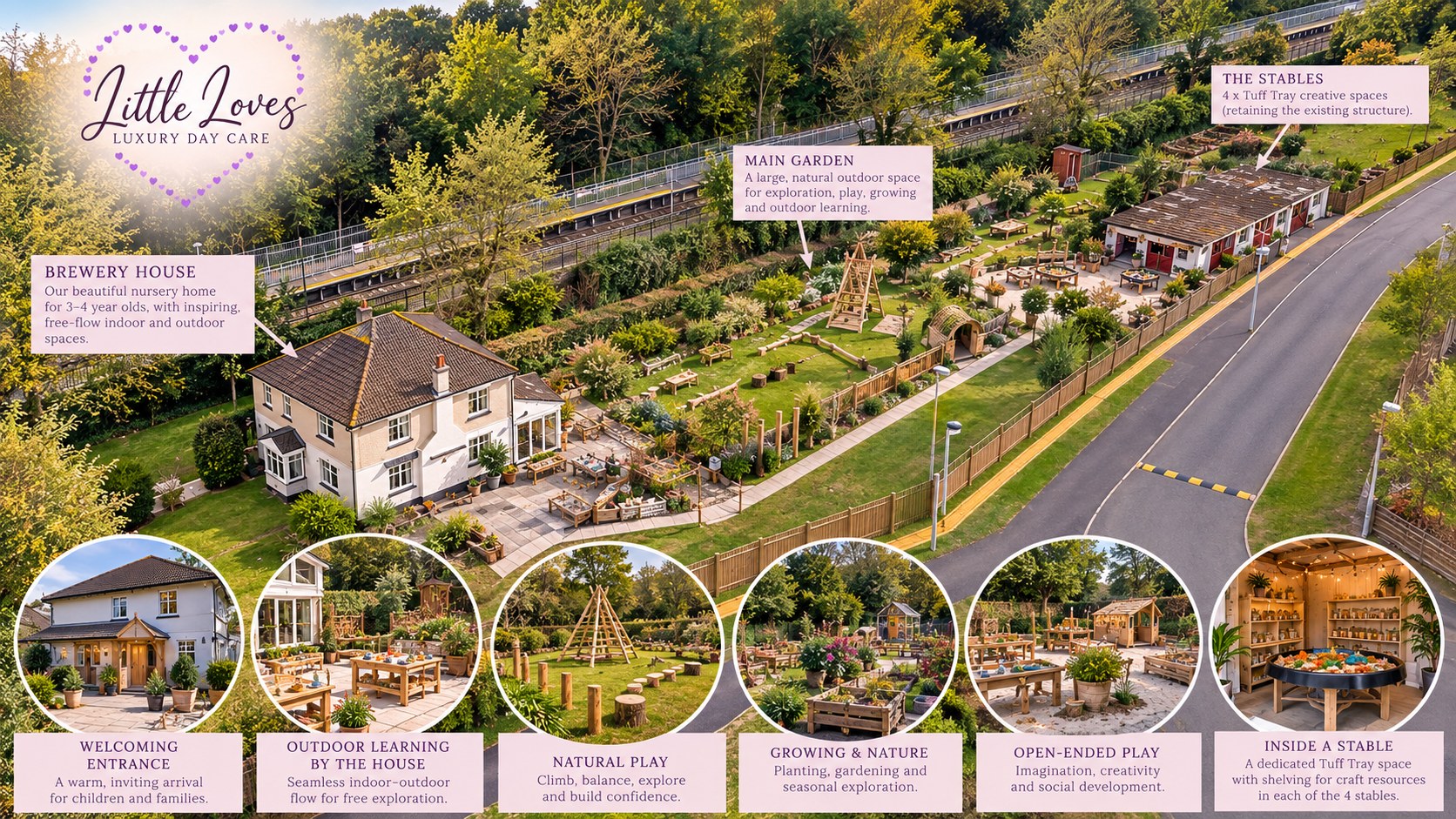 Artist's impression of the proposed Little Loves Preschool at Brewery House, Stone, showing the house, main garden, natural play areas and the stables